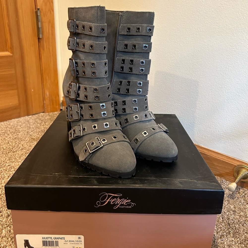 Fergie Women's Charcoal Buckle Combat Boots